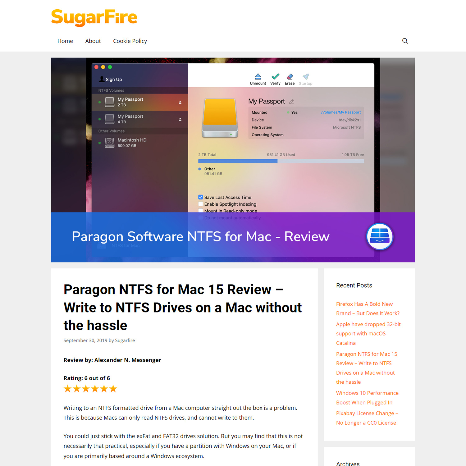 Image of Paragon NTFS for Mac 15 review on the SugarFire.net website